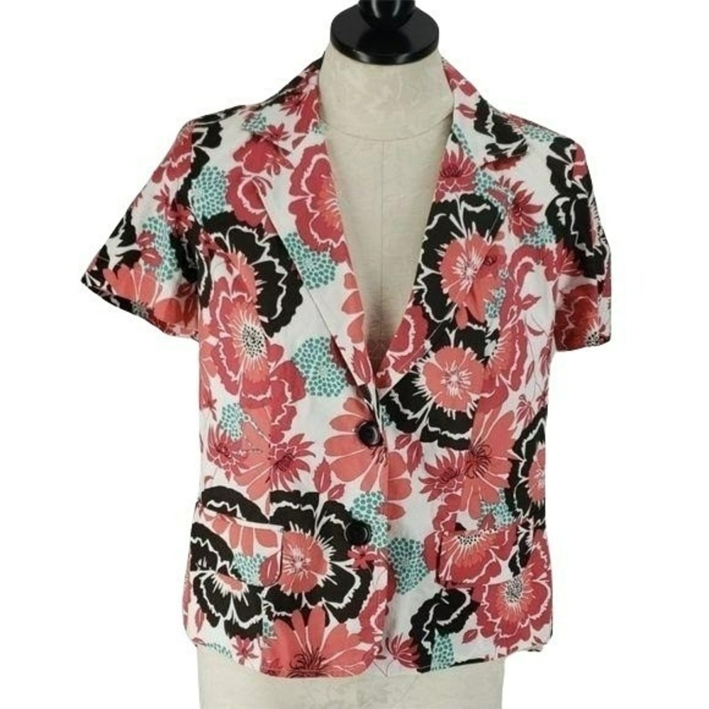 Notations Petite Floral Short Sleeve Blazer Coral Black Teal PM